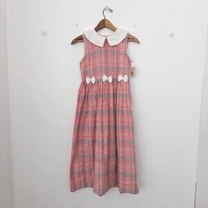 Vintage Copper Key Dress Girls Size 12 Pink Plaid Seersucker Sundress Bow